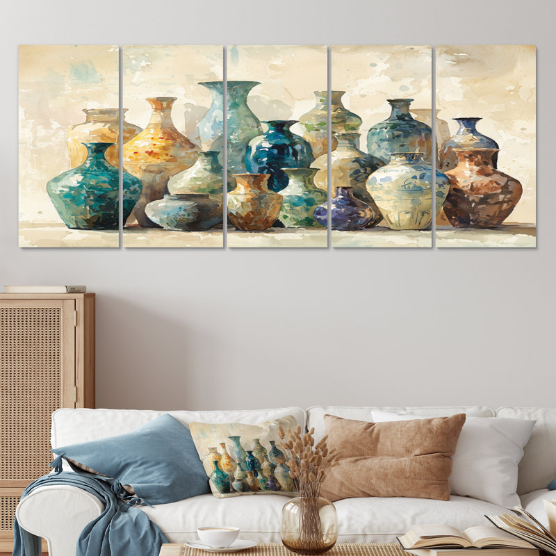 «Blue Vases In Collection Pattern I - Boho Pottery», ensemble de reproduction d'art mural, H 28 po x l 60 po