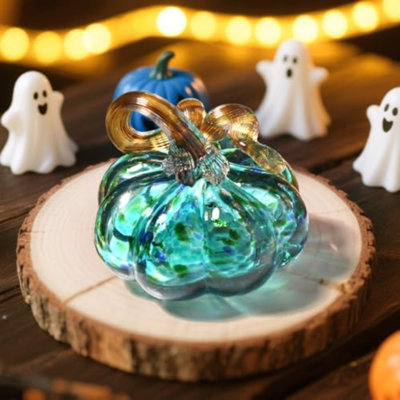 3" Large Blown Glass Pumpkin Figurine Collectible Halloween Thanksgiving Glass Pumpkin Paperweight Fall Harvest Crystal Decorations For Home(Brown)