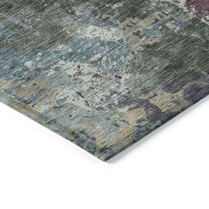 3' X 5' Fern Green And Purple Damask Washable Indoor Outdoor Area Rug