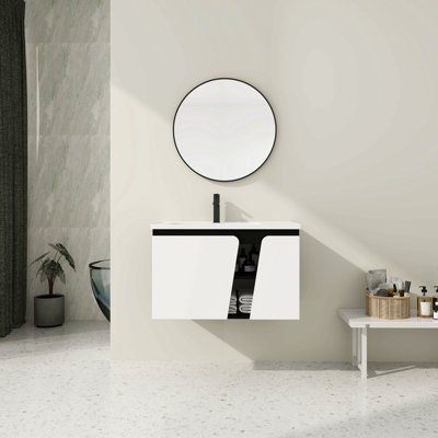 Meuble-lavabo suspendu de 81 cm (32 po) avec lavabo simple et porte d'armoire à fermeture amortie, design élégant et durable