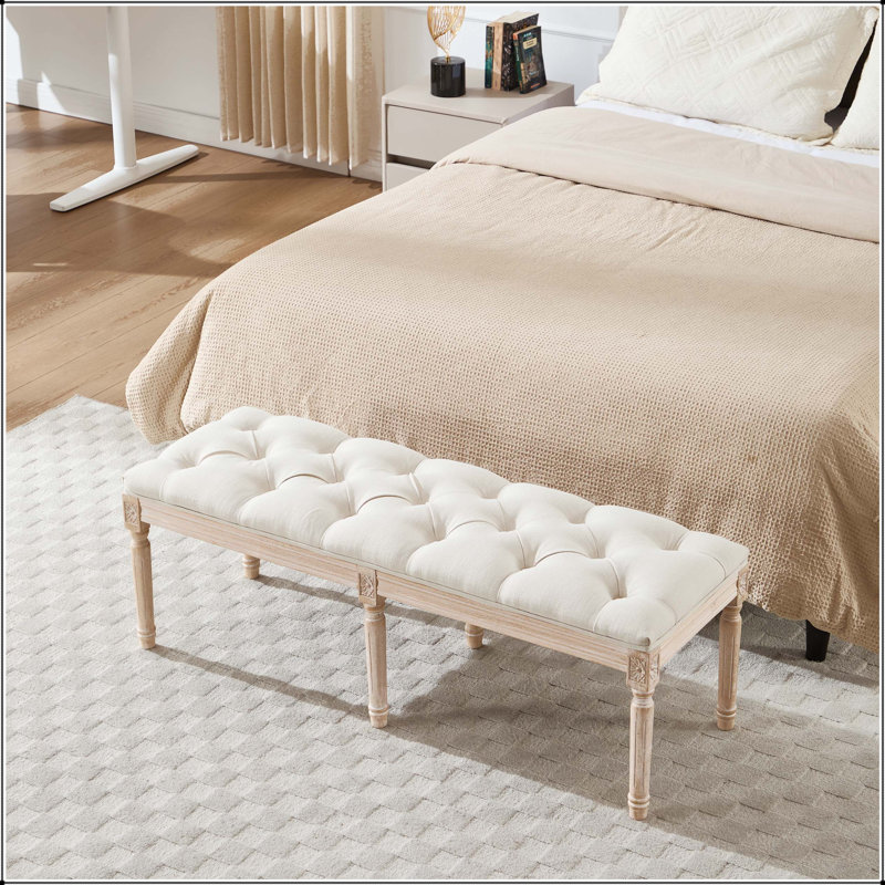 Banc d'entrée français touffeté avec pieds en bois sculpté - 47,2 po, 16.54 " H x 47.2 " L x 15.75 " D, Cream, Cream