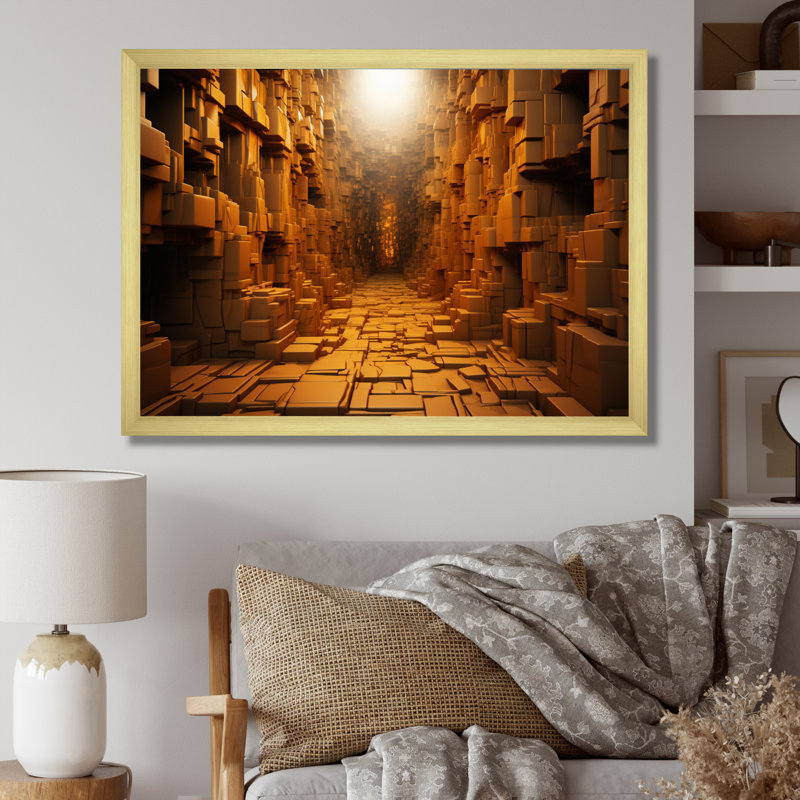 " Yellow Geometric Tunnel I ", Gold Single Picture Framed, 34" H x 44" W x 1.5" D