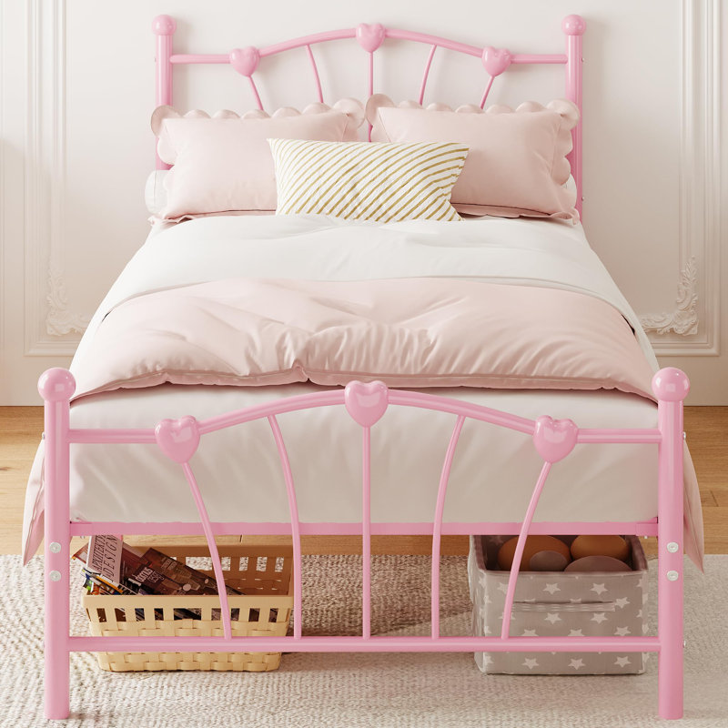 Twin Size Metal Platform Bed Frame For Girls, Twin Bed Frame With Headboard, Pink