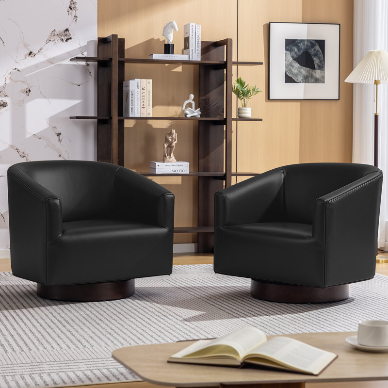 Fauteuil demi-tonneau pivotant de 27,6 po de largeur avec base en bois massif - 2 pièces, Black