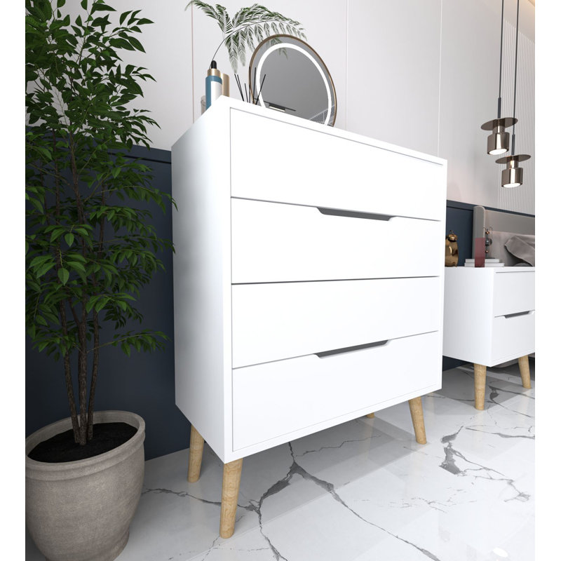 Commode 4 tiroirs - Pieds en bois, Blanc