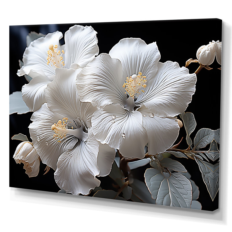 Fleurs d'hibiscus blanches illuminées au clair de lune I, Black Picture Framed, 30" H x 40" W