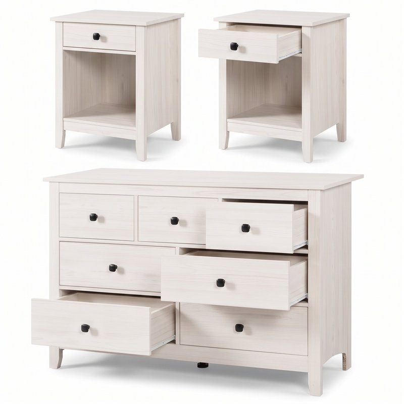 3-Piece 7-Drawer Dresser Set With 2 Nightstands Farmhouse Bedroom Collection, White