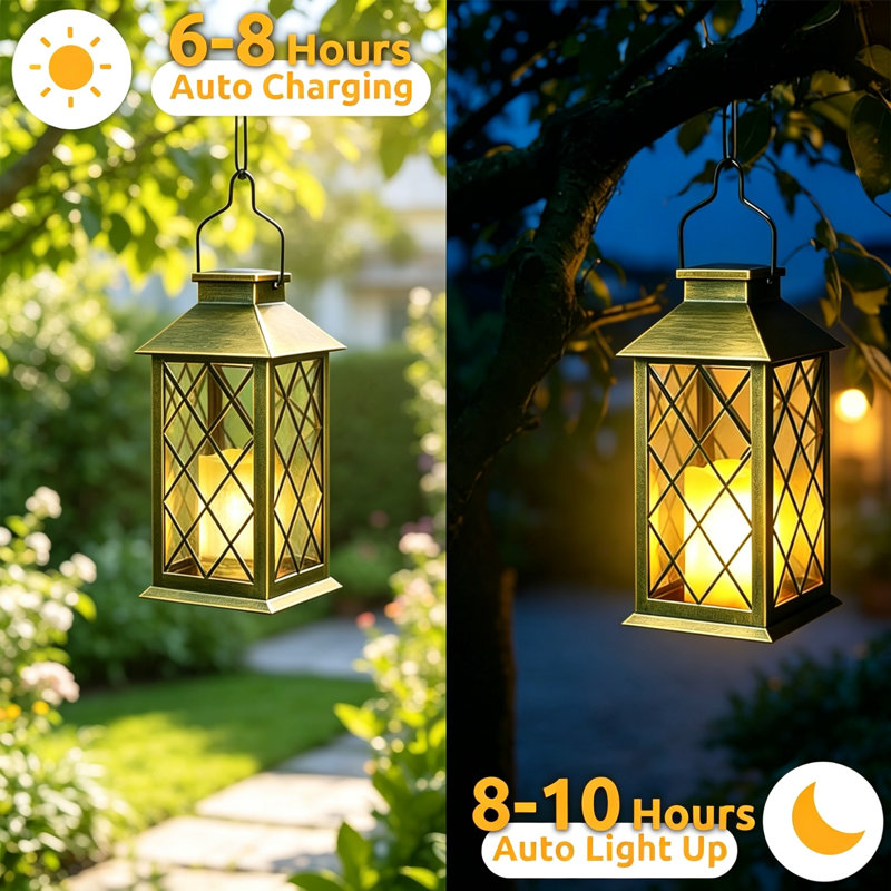 Set of 2, 35 cm Large Black Solar Hanging Garden Lanterns, Waterproof with Flickering Candle Effect & Auto On/Off, Solar Decorative Ornaments for Table, Tree, Grave, Patio, Pathway & Balcony [Energy Class A]