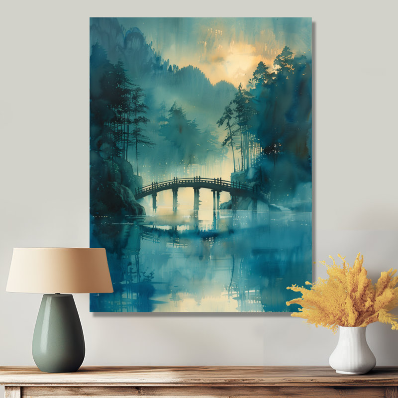 Bleu, bleu, printemps, eau, bord, pont, ponts, art mural, salon, Toile tendue, 32" H x 24" W