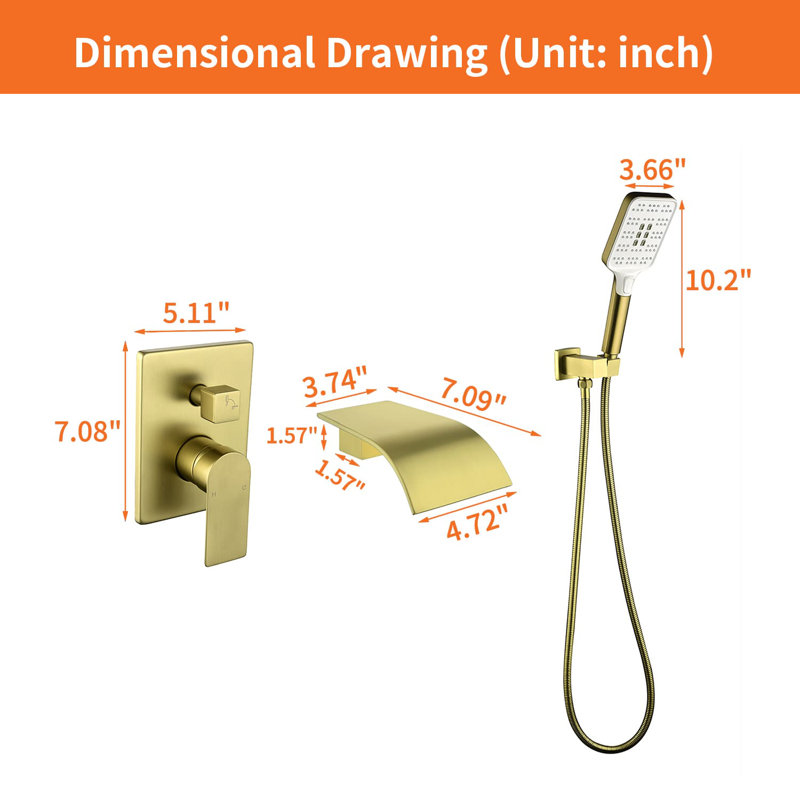 1 Handle Bathroom Waterfall Faucet with Diverter, Brushed Gold