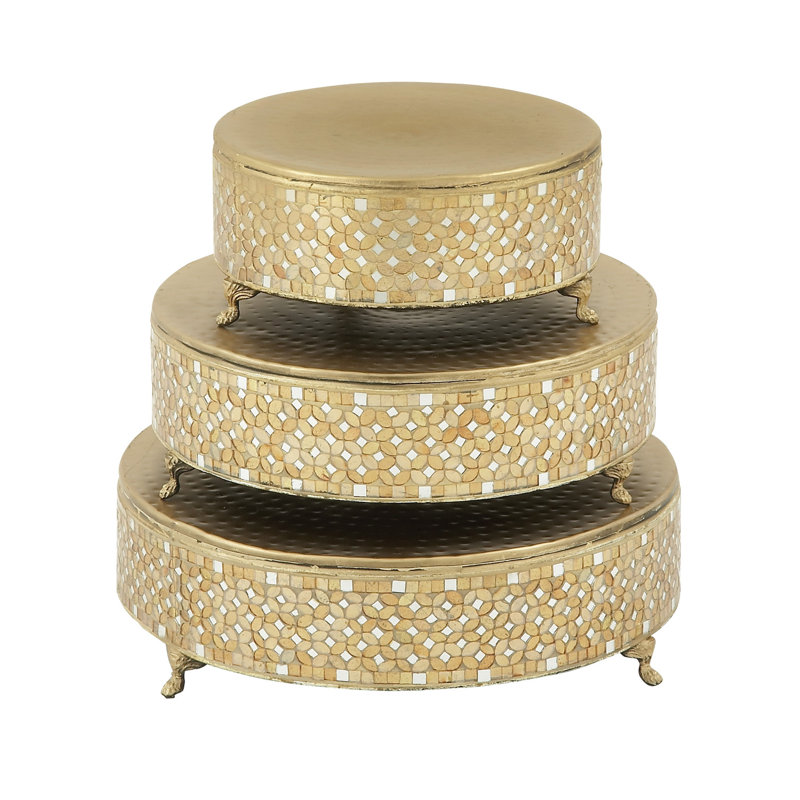 Gold Mosaic Patterned Glass and Metal Cake Stand Set of 3