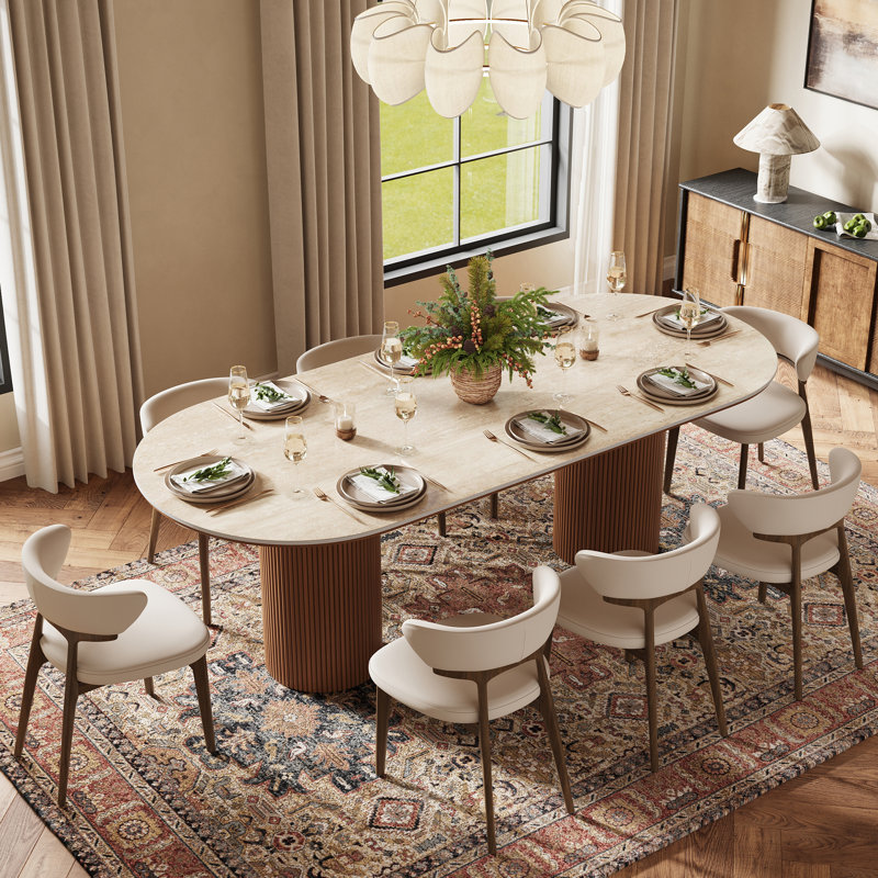 Table de salle à manger ovale de style Mid-Century (200 cm), plateau en travertin fritté, table de cuisine marron avec piètement cannelé en MDF pour 8 personnes