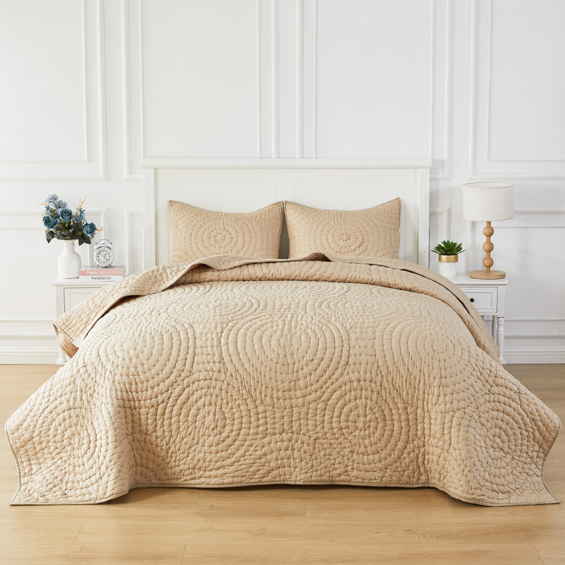 Cotton Circle Hand Stitch Voile Quilt Set, Taupe Geometric, Queen Quilt + 2 Standard Shams