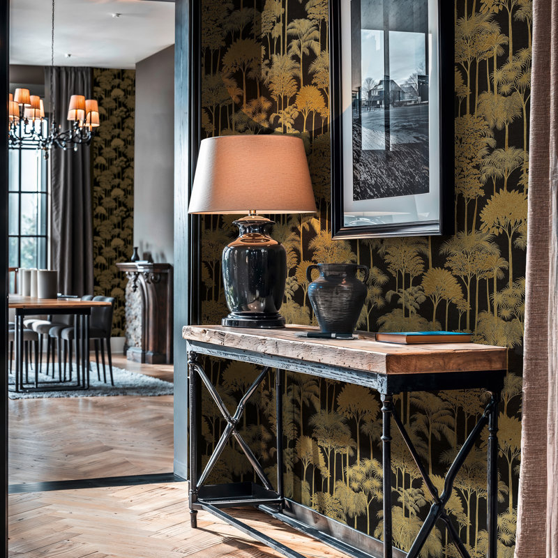 Havana 2 Collection Palm Trees Wallpaper Roll, Black/Gold