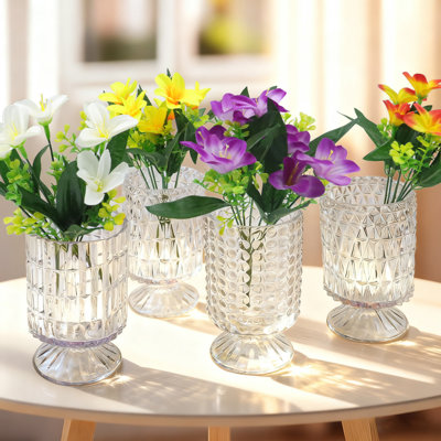 Vintage Embossed Cylinder Glass Vase with Pedestal Base