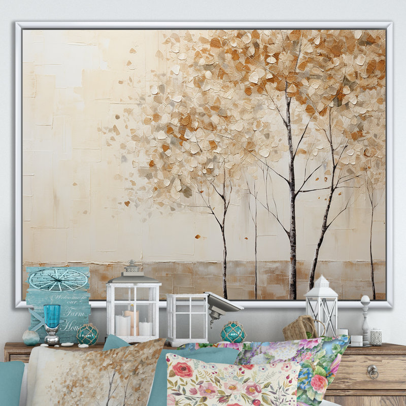 Harmonisation des arbres beiges IV sur toile, Cadre flottant blanc, H 16 po x l 32 po x P 1 po