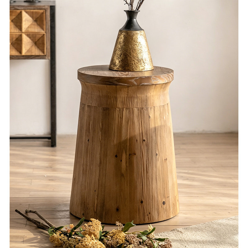 Rustic Reclaimed Wood Round Accent Side Table with Tapered Base
