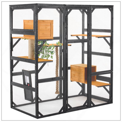 Outdoor Cat House, DIY Cat Enclosure, Cat Catio With Double Enter Doors, 62.8"L X 32.2"W X68.5"H Balcony Cat Playpen With Platforms And Two Condos For 1-3 Cats