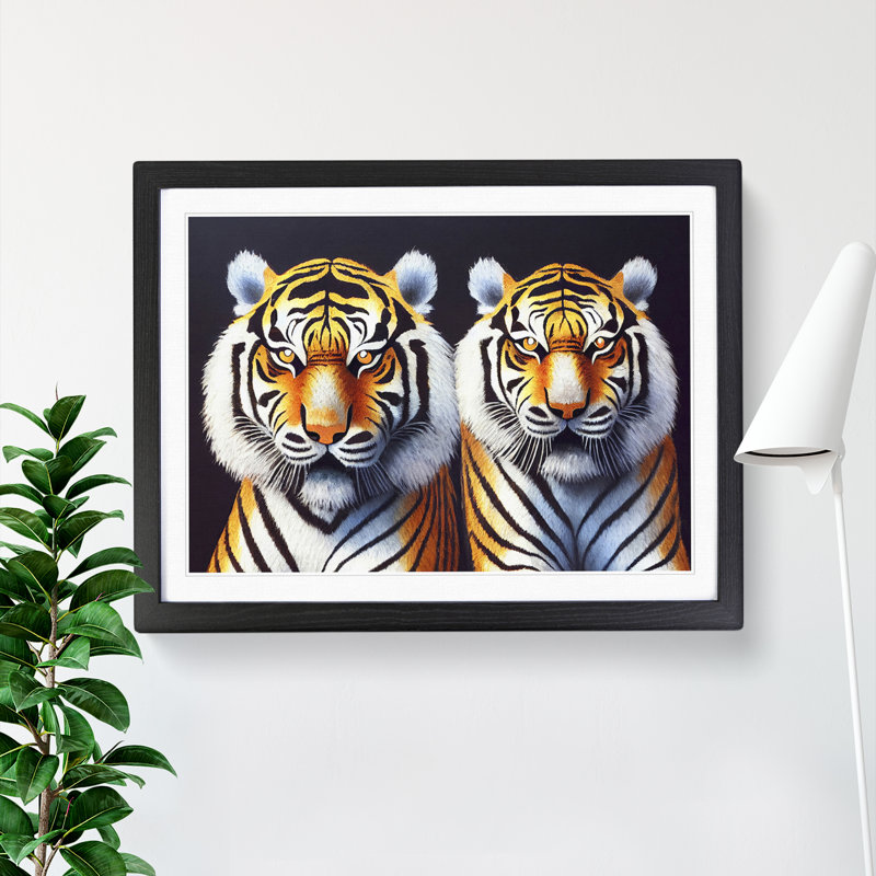Symmetrical Tigers - Single Picture Frame Print, Black, 25cm H x 34cm W