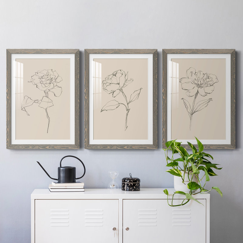 Floral Contour Study I Premium encadré mat - prêt à être accroché, Gris, H 37,5 po x l 82,5 po x P 1 po