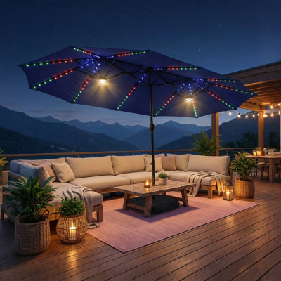 15 Ft. Solar Powered Double Head Patio Umbrella With Rgb Led Lights and Base