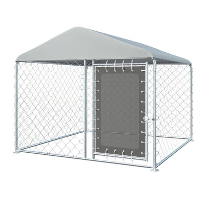 Grand chenil d'extérieur pour chien 6 pi x 6 pi, chenil d'extérieur robuste avec couvercle imperméable et mangeoire rotative, chenil extérieur en acier galvanisé avec porte verrouillable