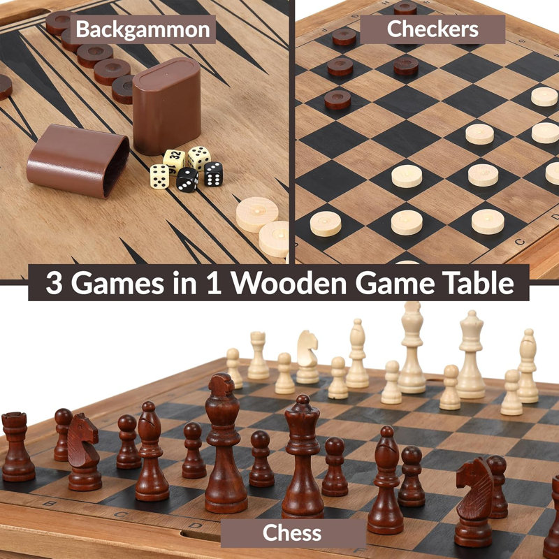 Ensemble de meubles de table de jeu en bois à carreaux d'échecs et backgammon 3 en 1, 25 po x 25 po, très grand 4 po