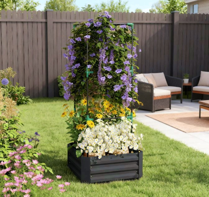 Garden Bed,Galvanized Planter Box,Raised Garden Bed With Cage For Climbing Vines, Gris foncé