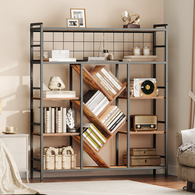 Triple 5-Tier Bookshelf, Industrial Large Bookcase with 14 Open Display Shelves, Modern Tree Bookcase with Metal Frame and Hanging Function