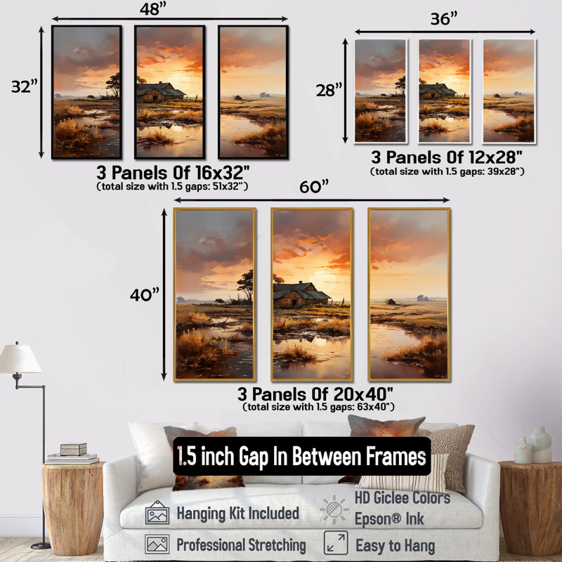 Sunrise Farm campagne dévoilée - ensemble d'art mural ferme, Cadre flottant blanc, H 40 po x l 60 po x P 1 po