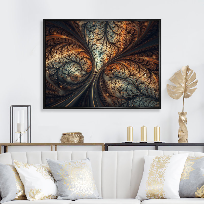 Fusion fractale bleue et orange IV - impression, H 34 po x l 44 po x P 1,5 po, Cadre flottant noir