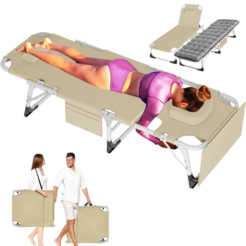 Fauteuil de bronzage 3 en 1 surdimensionné avec passe-partout mat et face, chaises longues pliantes robustes, Beige