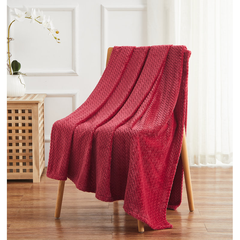 Luxurious Red Plush Flannel Herringbone Throw Blanket, 50" x 70"