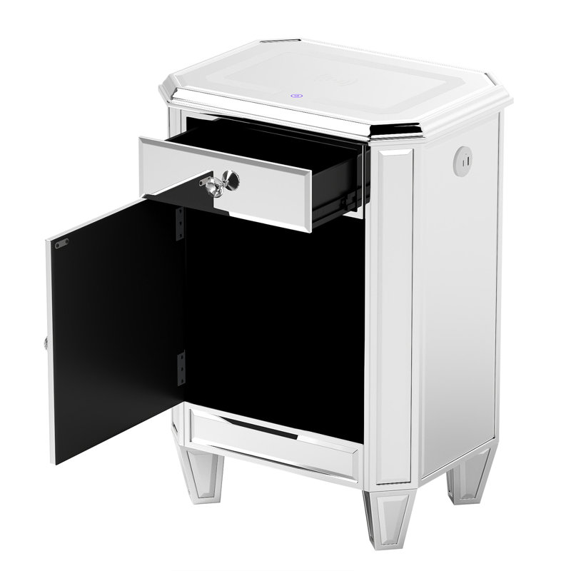 Silver Mirrored Nightstand with Wireless Charging, LED  End Table with Drawer, Modern Side Table with Storage Cabinet