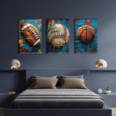 3Pcs Graffiti Sport Canvas Wall Art Trendy Cool Pop Wall Decor Colorful American Football Baseball Basketball Posters Pictures Inspirational Painting Inspirational Room Prints Framed