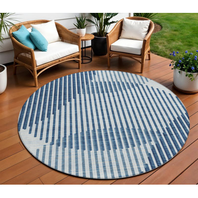 Tapis d'intérieur rond lavable géométrique 8 pi bleu et ivoire
