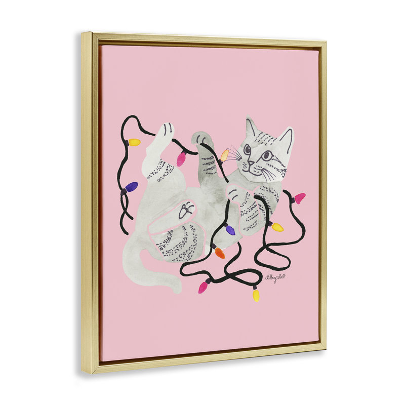 Chat avec lumières flottantes roses, cadre par Hillary Holt, H 31 po x l 25 po, Cadre flottant métallique doré