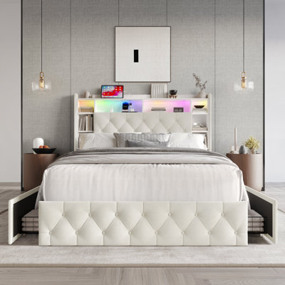 QUEEN SIZE BOOKCASE BED IN BEIGE LINEN