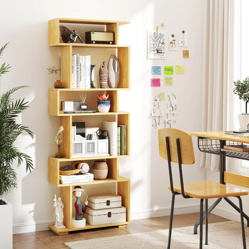 Bibliothèque à 6 niveaux avec 2 ensembles anti-basculement, étagère en bois pour le bureau personnel, Beige