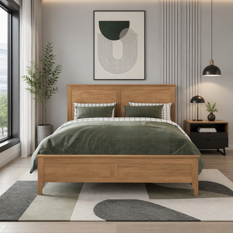 Modern Solid Wood Queen Platform Bed With Slatted Headboard, Sturdy Wooden Slats & Durable Pine Construction, King