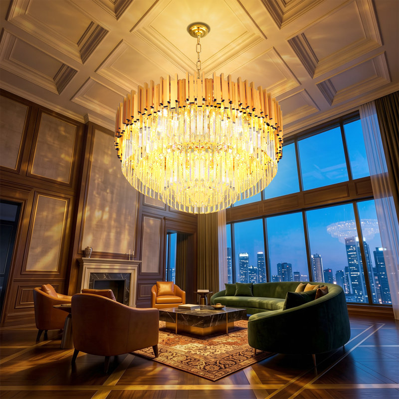 32" 2-tier Round Crystal Chandelier Gold