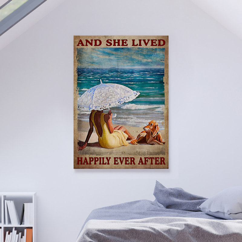 «Girl On The Beach - And She Lived Happily Ever After», reproduction d'art graphique sur toile tendue 1 pièce