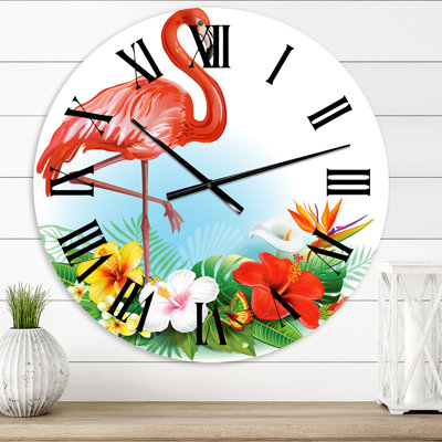 Arrangement with Tropical Flowers and Flamingo - Traditional wall clock