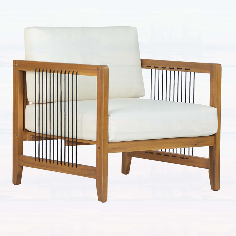 Chaise d'extérieur en bois d'acacia avec coussin beige, corde moderne pour une assise élégante et confortable