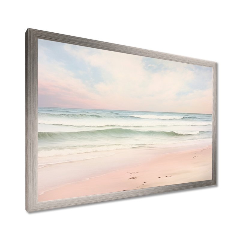 «Ocean Tranquility Tender Pink Pastel Sunrise I - Coastal Beach», art mural, H 16 po x l 32 po, Cadre photo unique
