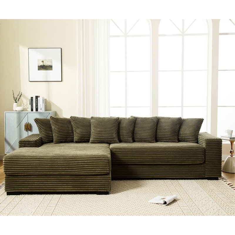 Élégant velours côtelé avec méridienne gauche et 8 coussins moelleux de luxe, coussin décoratif, Vert