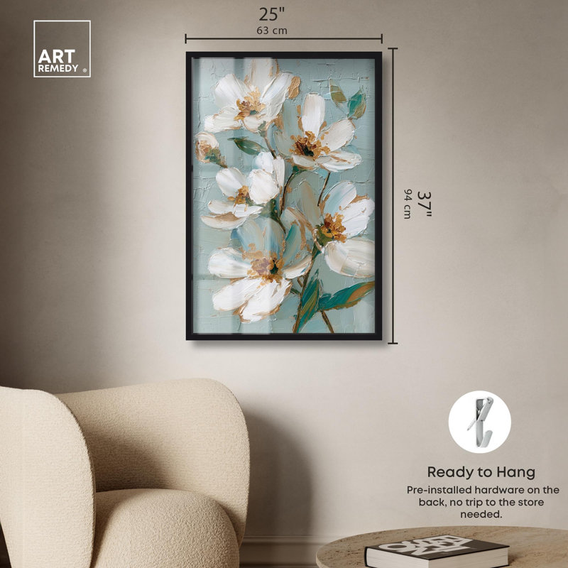 Décoration murale florale à motif floral en relief par Art Remedy, cadre noir, 24 x 36, H 37 po x l 25 po, Cadre noir
