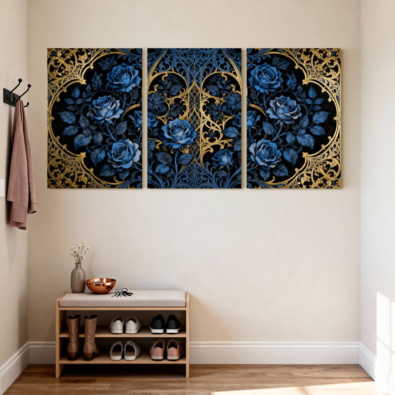 Plantes et fleurs roses bleues ornement sur fond noir, ensemble de 3 impressions sur toile, H 24 po x l 16 po