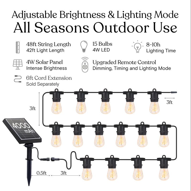 Guirlande de lumières DEL d'extérieur à énergie solaire de 48 pi avec 15 ampoules à filament spiralé Ambiance Pro, télécommande, résistant aux intempéries et cordon de qualité commerciale