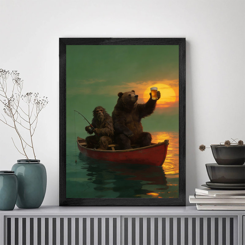 Art encadré noir Bigfoot et grizzly pêchant dans un canot rouge, H 17 po x l 13 po